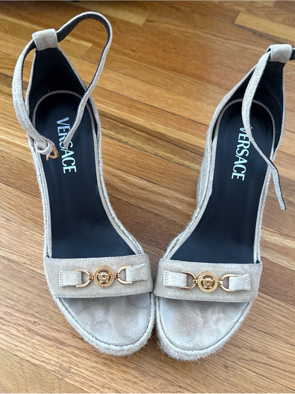 Versace Beige Suede Wedge Sandals with Gold Medusa Accent